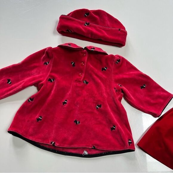 TWO Vintage 1990s Red Velvet Baby Dresses Lacey Floral Schnauzer Dog with Hat - Picture 5 of 13